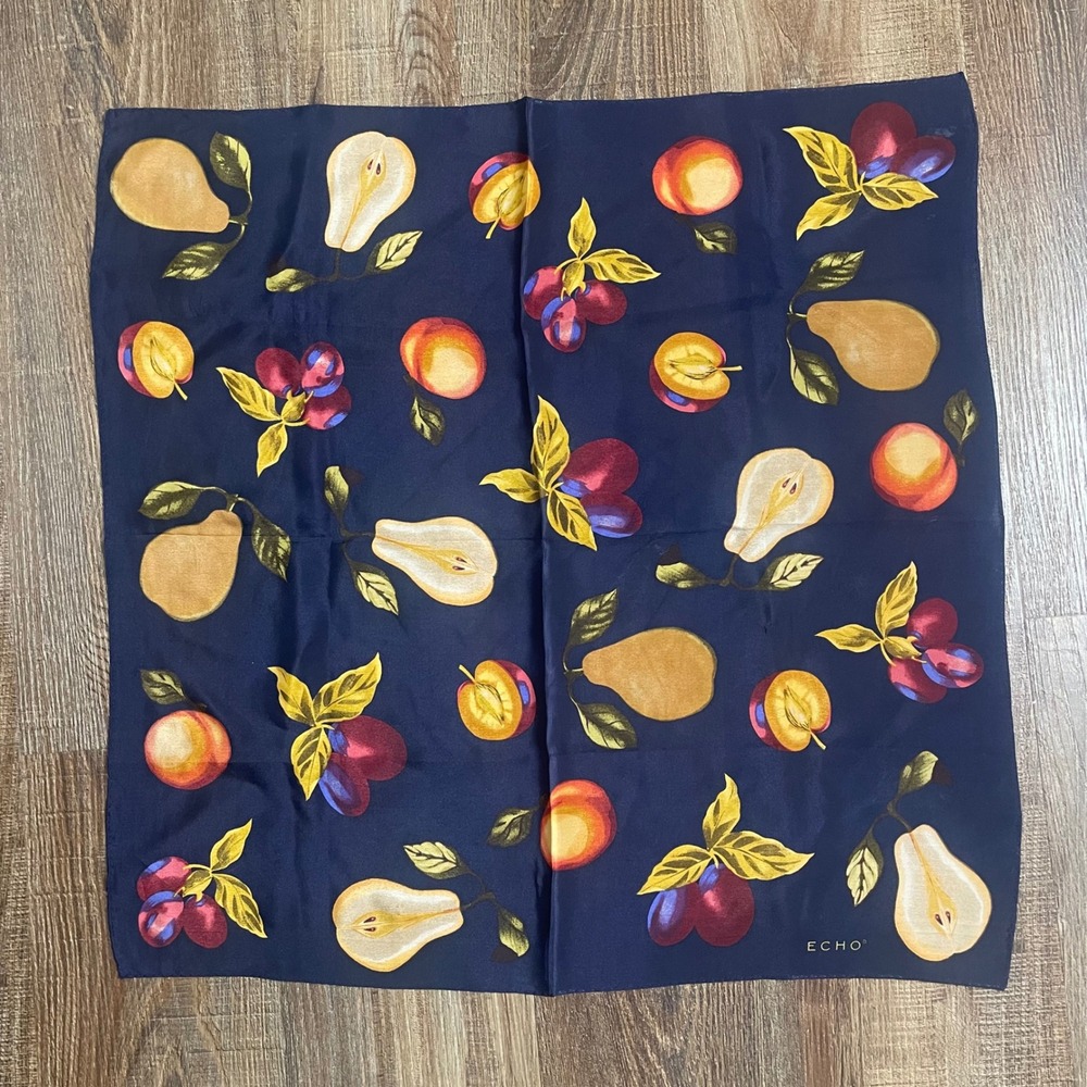 Echo Silk Scarf Navy Blue Fruit Print Pear Plum Botanical Square Neck Scarf